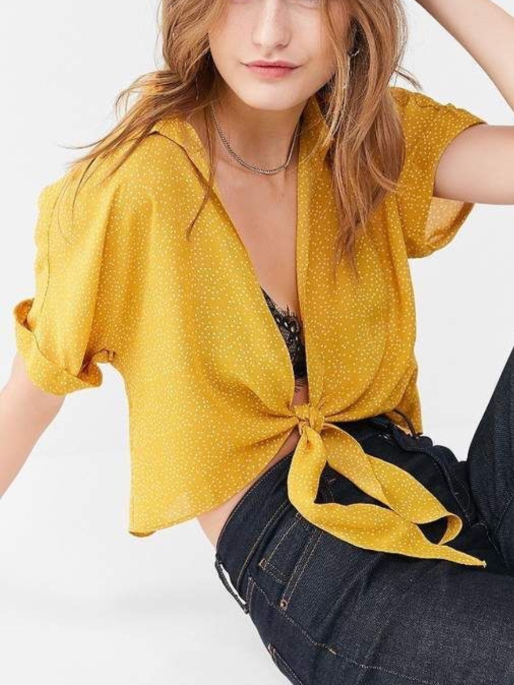 Urban Outfitters yellow polka dot collared tie front top